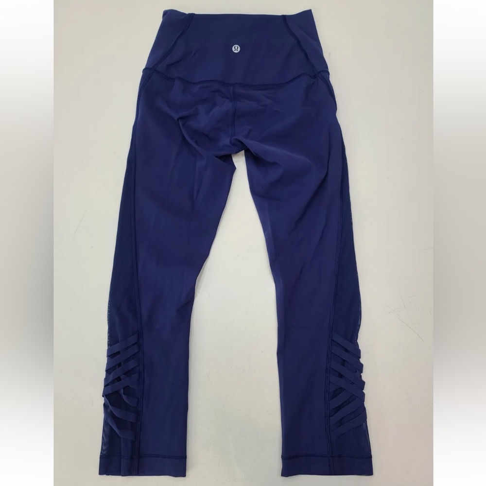 Lululemon Minimalist Crop Hero Blue Leggings Pants Mesh Crisscross Lattice Sz 4
